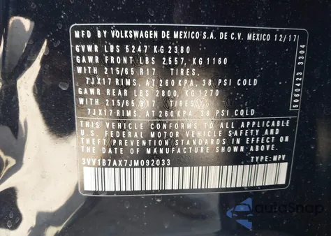 2018 Volkswagen Tiguan 2.0T S из США, поврежденный, VIN 3VV1B7AX7JM092033